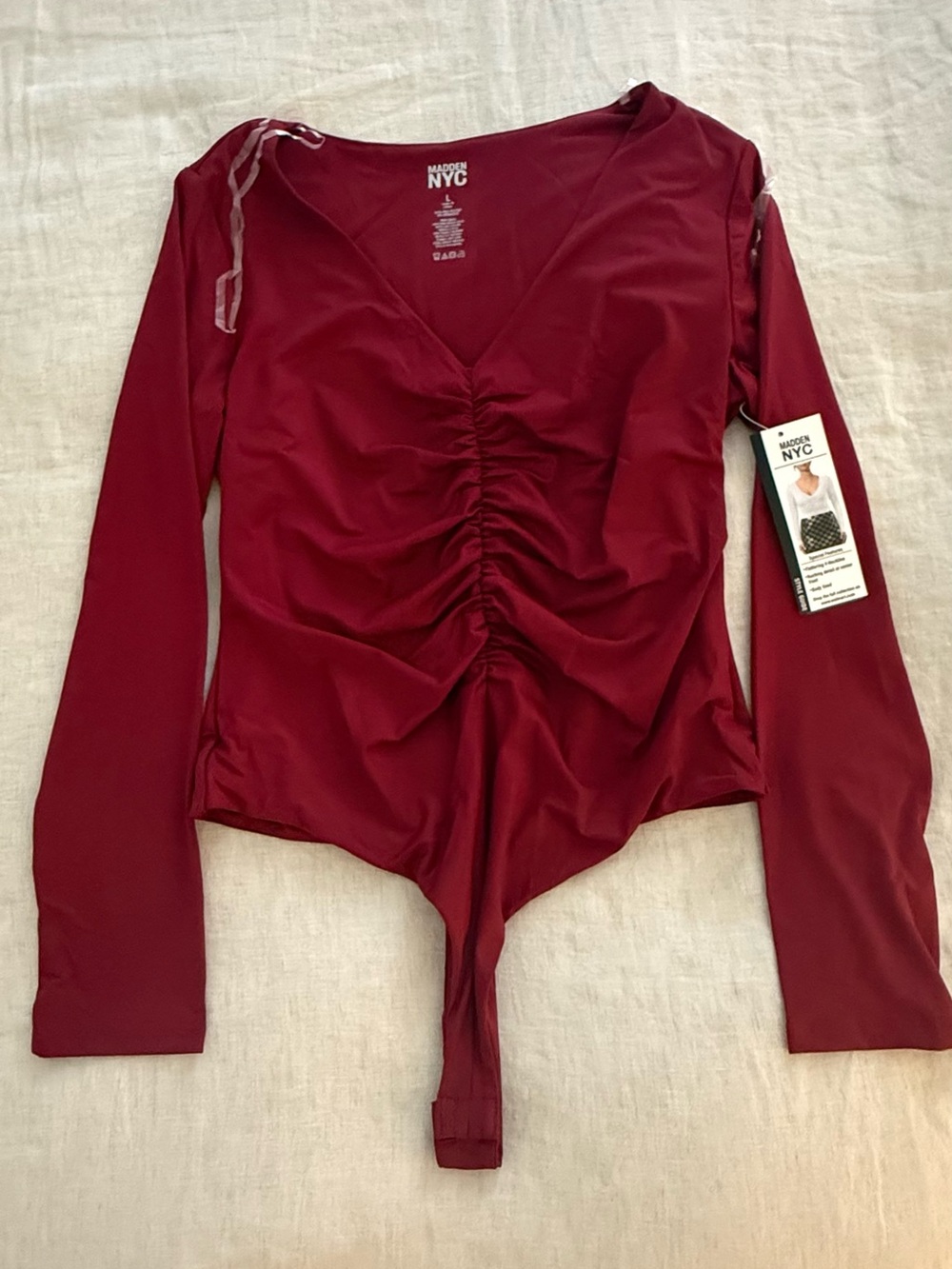 NYC Ruched V-Neck Long Sleeve Bodysuit - Wine